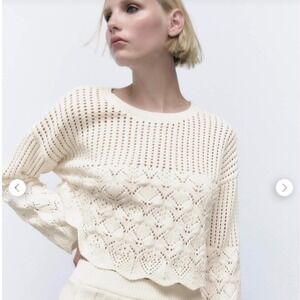 Zara Womens Cream Open Knit Cropped Sweater Pointelle Scalloped Hem Small